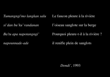 Strophes de dondi', région Pangngala', 1991., Dondi’ couplets. (anglais), Bait-bait dondi’ dari Pangngala’. (indonésien) la vignette
