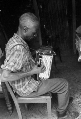 Monsieur Adrien Mahomet, informateur accordéoniste, jouant chez lui la vignette