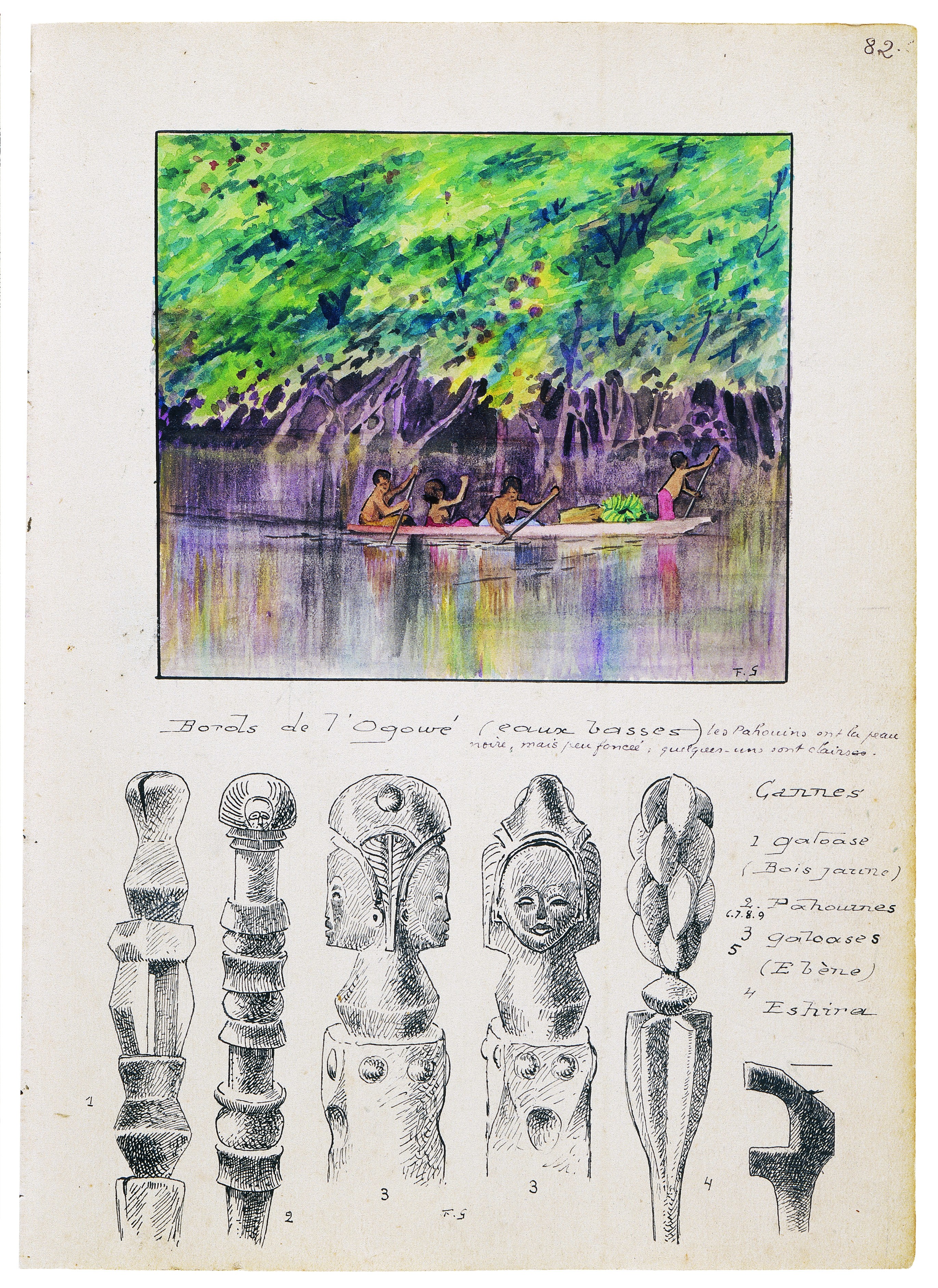 Figure 13 - Album d’aquarelles du pasteur Fernand Grébert
            « Afrique Équatoriale Française – Ogooué »,  82. MEG ETHAF Inv. 800035. Photo J.
            Watts.