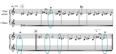 Seconde harmonique dans une pièce de flûtes. 1A1., Harmonic second in a piece for flutes. 1A1. (anglais), Sekon harmonik dalam suatu karya suling, 1A1. (indonésien) la vignette