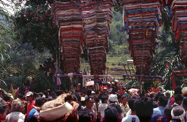 Érections de mâts bate sur le « marché » (pasa' maro), Torea, 1993., Bate masts erected, Torea, 1993. (anglais), Bendera-bendera bate yang didirikan, Torea, 1993. (indonésien) la vignette