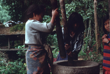 Two little girls pounding in a round mortar. 1993., Deux petites filles de Baruppu' pilant dans un mortier circulaire. 1993. (French), Dua gadis kecil dari Baruppu’ menumbuk dalam sebuah lesung bulat. 1993. (Indonesian) thumbnail