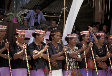 Autre groupe de nani, chanteuses de dandan, dans la même fête, à Tiroan, 1993., Another nani group, dandan singers, at the same celebration at Tiroan, 1993. (anglais), Kelompok nani lainnya, para penyanyi wanita dandan, dalam pesta yang sama di Bittuang, 1993. (indonésien) la vignette
