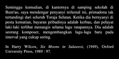Cuplikan esei Harry Wilcox, Six Moons in Sulawesi (1949), 1989. (indonésien) la vignette