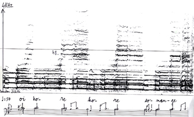 Sonagramme 13. Extrait d'une fin de pièce de simbong (chœur d'hommes enregistré à Poka en 1993). Le vers dit « kurre-kurre sumanga' ». Le sonagramme montre l'alternance des spectres des voyelles antérieure et postérieure, alternativement étroits et larges. Les paroles kurre-kurre sumanga' sont transformées en koré-koré somengngé car les voyelles tendent toutes vers [o] et [e]., Spectrogram 13. From the end of a piece of simbong (men's chorus recorded at Poka in 1993). The verse says kurre-kurre sumanga’. The spectrogram shows the alternation of the front and back vowel spectra –narrow and wide in turn. The words kurre-kurre sumanga’ are transformed into koré-korésomengngé as all the vowels shift towards [o] and [e]. (anglais), Sonagram 13. Cuplikan dari bagian akhir sebuah karya simbong (kor lelaki) yang direkam di Poka, 1993. Sajak berbunyi kurre-kurre sumanga’. Sonagram memperlihatkan peralihan spektrum bunyi vokal depan dan belakang, secara silih berganti, dengan rongga mulut yang menyempit dan kemudian meluas. Kata-kata “kurre-kurre sumangnga’” diubah menjadi “koré-koré somengngé” sebab huruf-huruf hidup semuanya menuju ke [o] dan [e]. (indonésien) la vignette