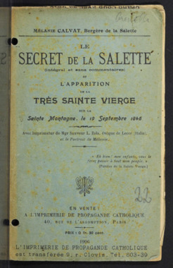 E.3.022. "Le secret de La Salette et l'apparition de la très sainte vierge sur la Sainte Montagne, le 19 septembre 1846", CALVAT Mélanie la vignette